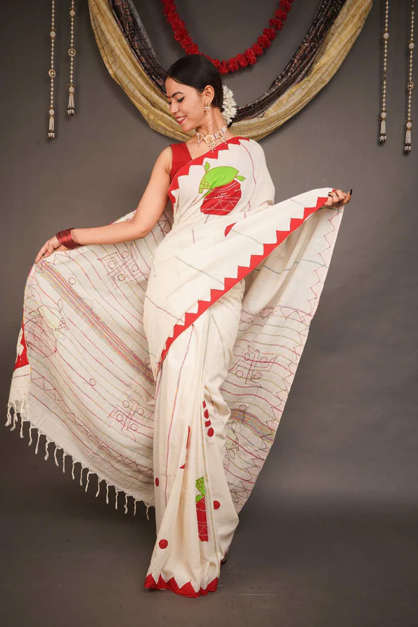 Off-White Cotton Khesh With Red Applique Work Wrap in 1 minute Saree