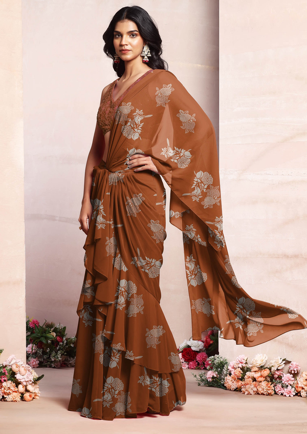 Orange Ruffled Pre-Stitched Saree Set With Thread Hand Embroidered Blouse