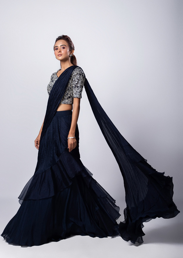 Navy Blue Hand Embroidered Pre-Draped Saree Set