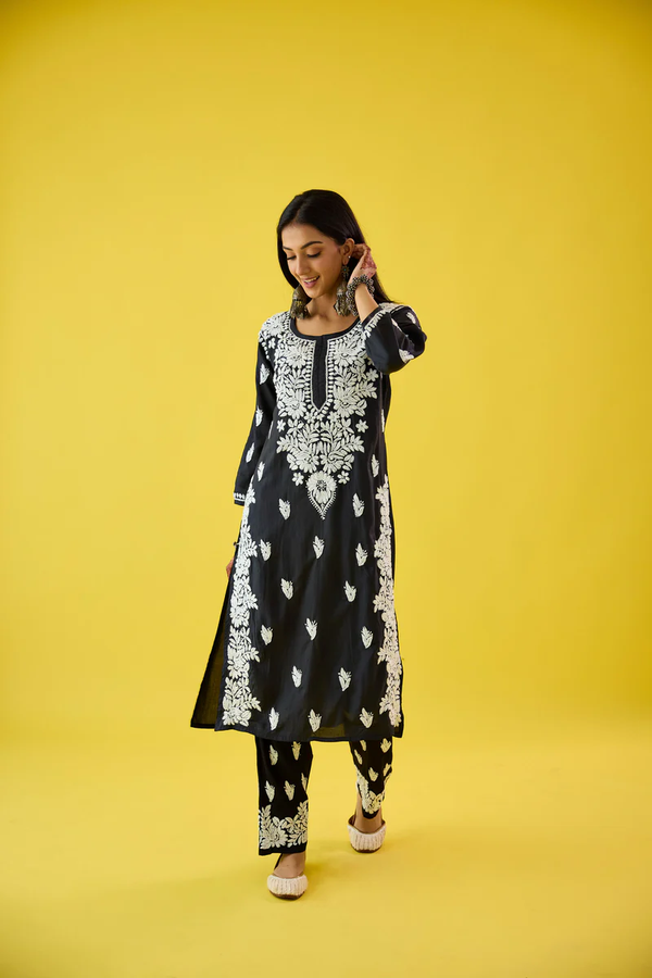 RAIMA BLACK MODAL HAND EMBROIDERED CHIKANKARI KURTA & PANT SET