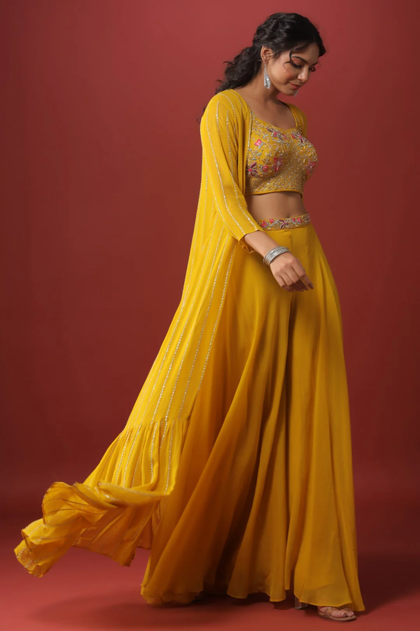 MUSTARD RESHAM PEARL EMBROIDERED GEORGETTE CROP TOP PALAZZO SET WITH JACKET