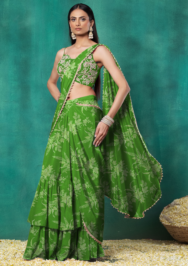 Green Tiered Pre-Stitched Saree Set With Floral Pearl Hand Embroidered Blouse