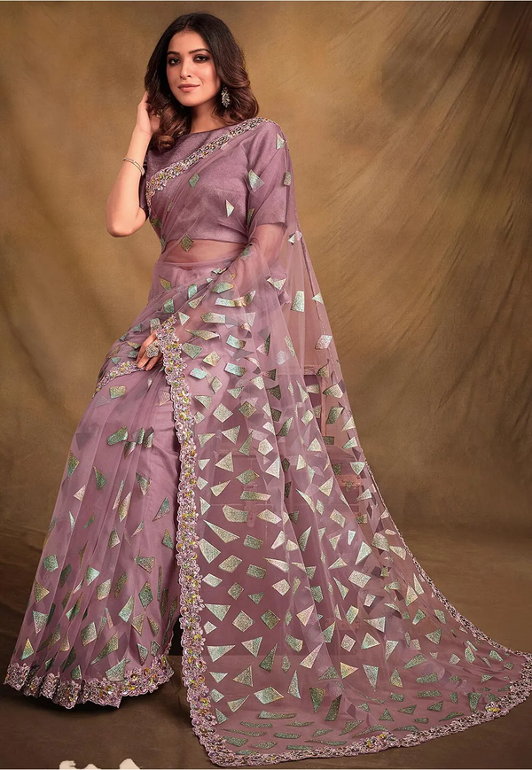 Rubber Printed Net Saree in Light Purple