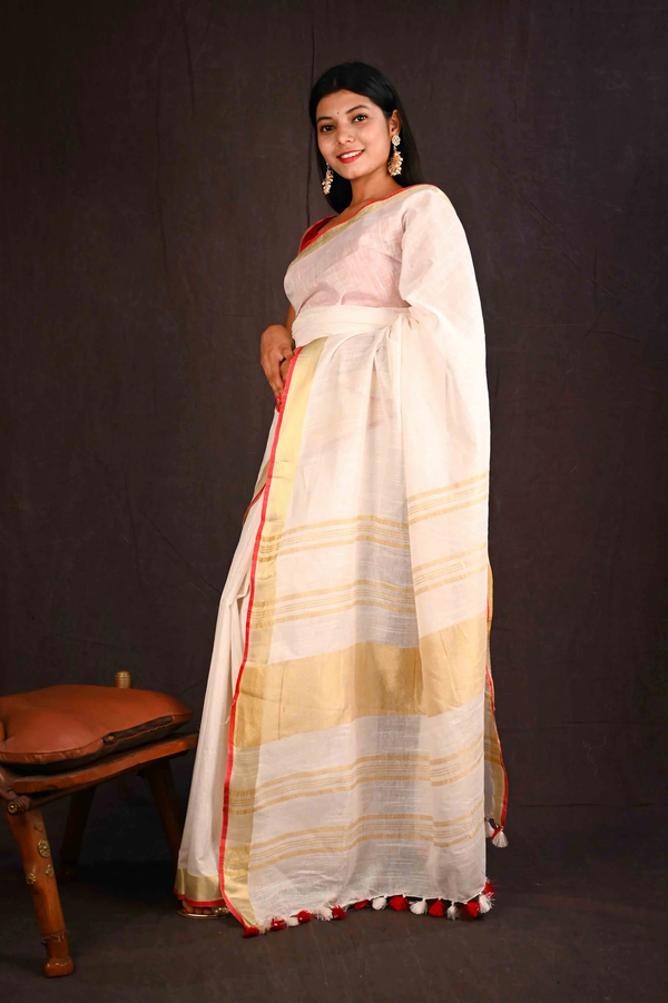 Off white bhagalpuri line with zari & red tiny border wrap in 1 minute saree