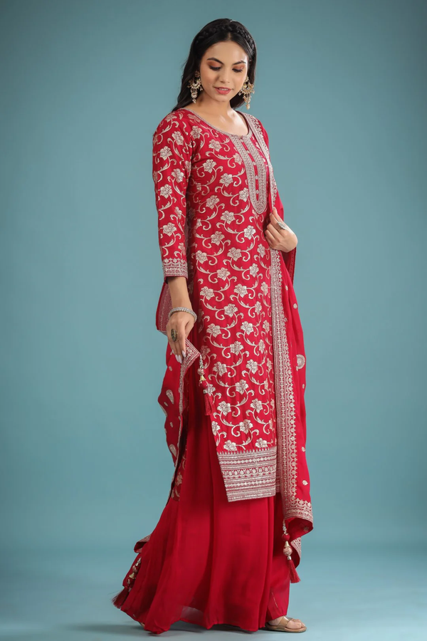 MAGENTA ZARI EMBROIDERED SILK PALAZZO SUIT SET