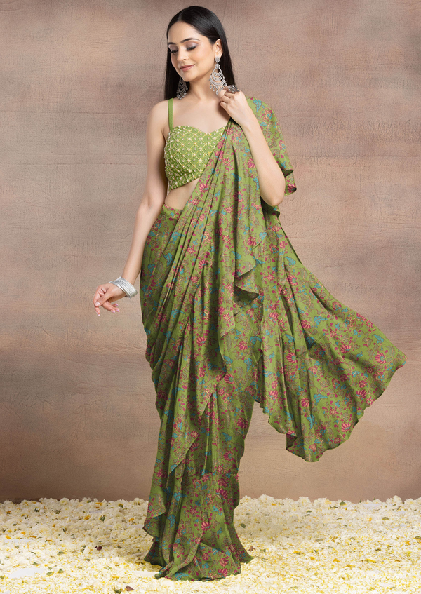 Green Pre-Stitched Saree Set With Grid Embroidered Blouse