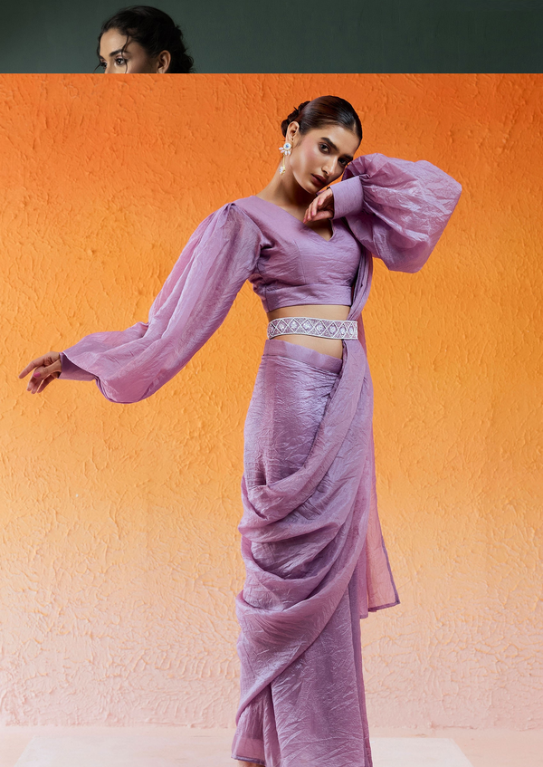 Lavender Sequin Embroidered Crushed Organza Draped Saree Set With Belt