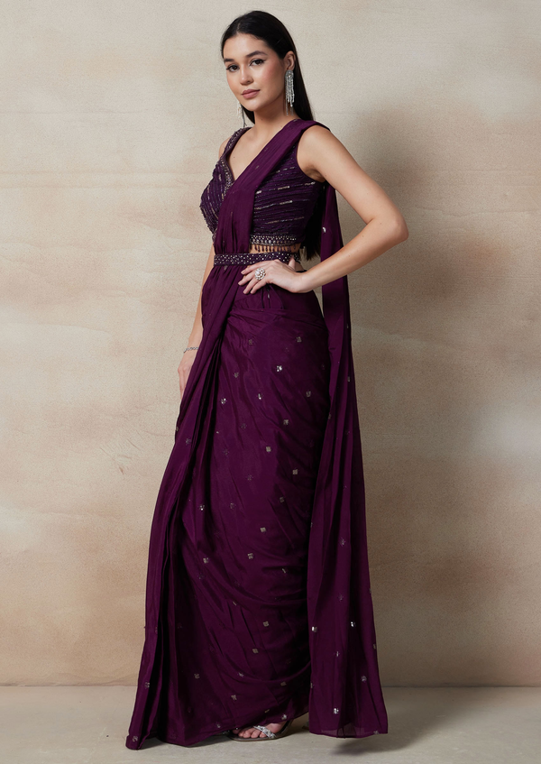 Purple Embellished Pre-Stitched Saree Set With Sequin Embellished Blouse And Belt