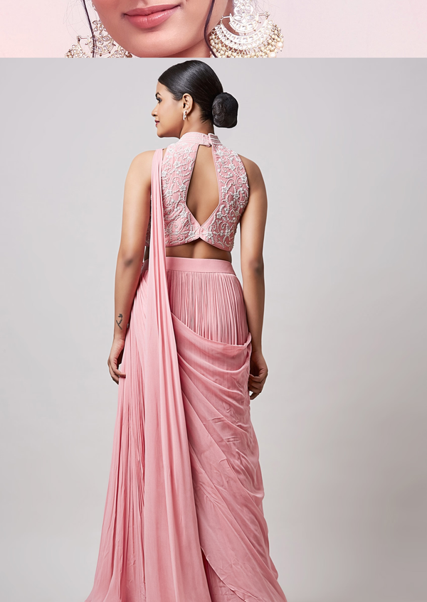 Pink Hand Embroidered Pre-Draped Saree Set