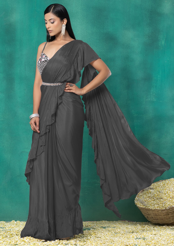 Grey Pre-Stitched Saree Set With Floral Sequin Bead Hand Embroidered Blouse And Belt