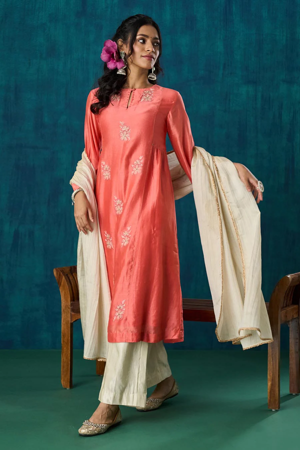 Peach Floral Embroidered Urvi Kurta Set