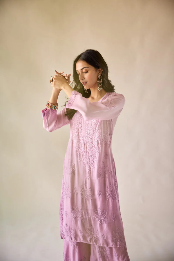 MODAL HAND EMBROIDERED CHIKANKARI KURTA & PANT SET