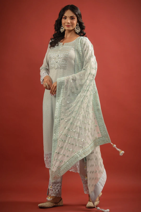 ICE BLUE MIRROR & RESHAM EMBROIDERED GEORGETTE SUIT SET