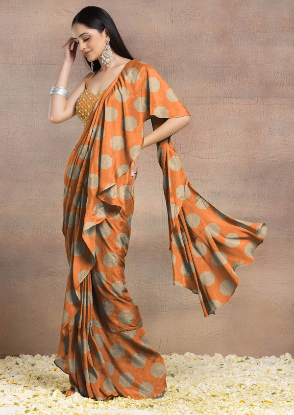 Orange Pre-Stitched Saree Set With Grid Embroidered Blouse