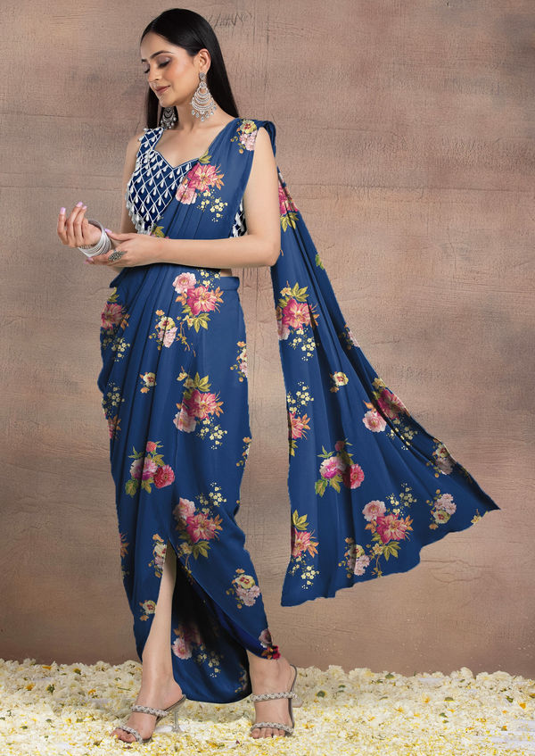 Navy Blue Pre-Stitched Saree Set With Pearl Hand Embroidered Blouse