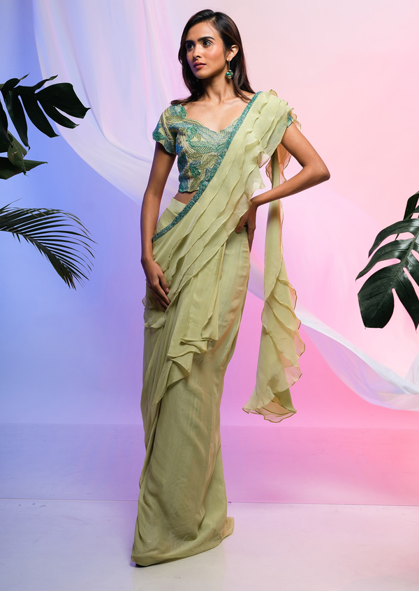 Green Embroidered Chinon Pre-Draped Saree Set