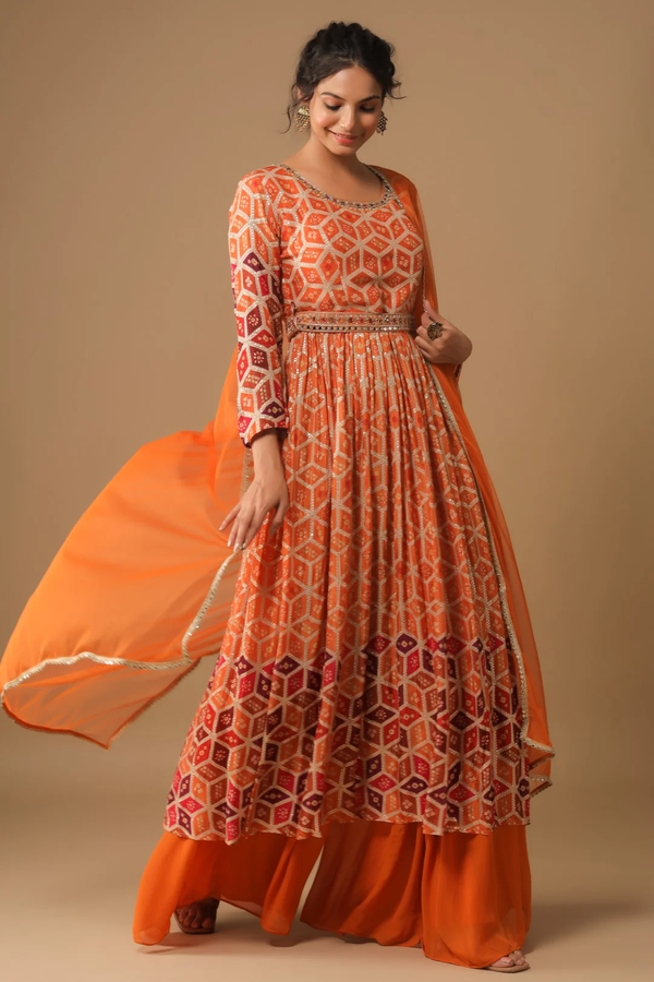 ORANGE MIRROR SEQUIN EMBROIDERED CREPE PALAZZO SET WITH BELT