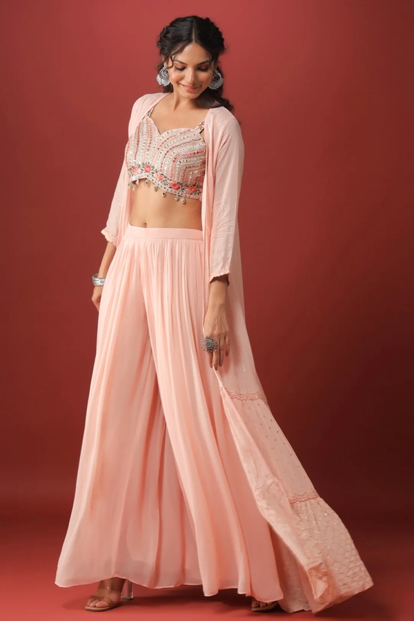 PEACH MIRROR EMBELLISHED GEORGETTE CROP TOP PALAZZO SET WITH JACKET