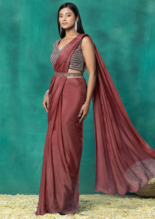 Peach Pre-Stitched Saree Set With Sequin Hand Work Blouse And Embellished Belt