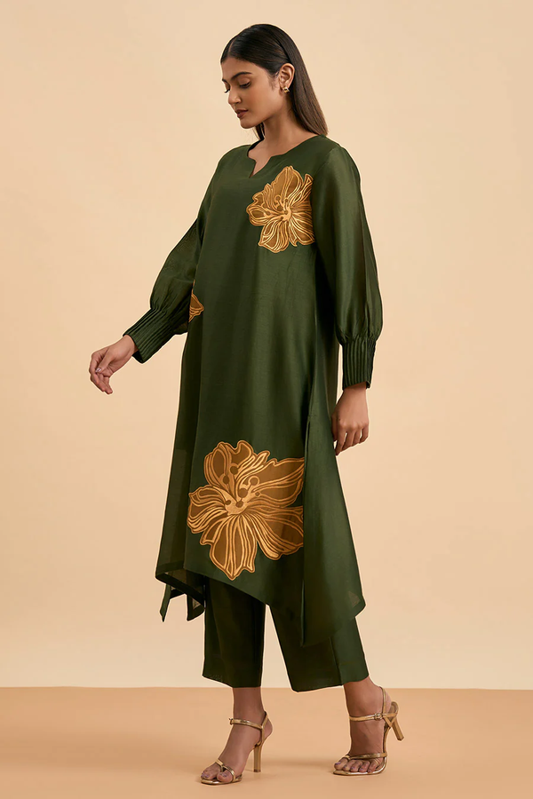 Olive Green Chicory Applique Kurta & Pant Set