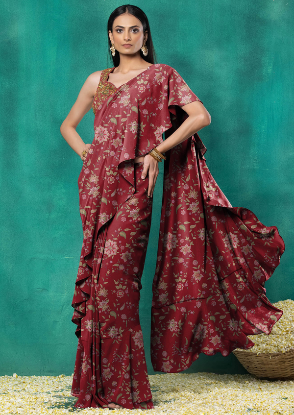 Maroon Ruffled Pre-Stitched Saree Set With Sequin Leaf Hand Embroidered Blouse