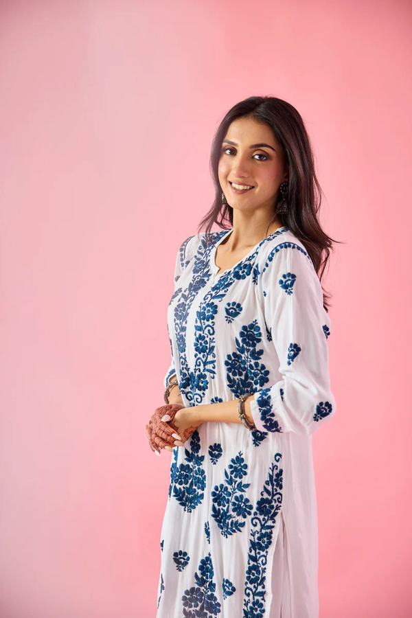 WAZIRA BLUE & WHITE MODAL HAND EMBROIDERED CHIKANKARI KURTA & PANT SET