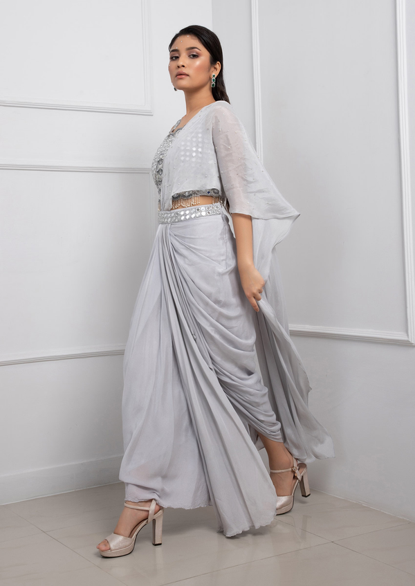 Grey Hand Embroidered Chinon Taffeta Pre-Draped Saree Set