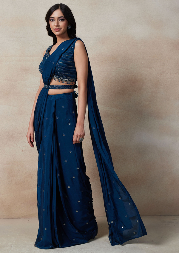 Stitched Saree Set With Sequin Embellished Blouse And Belt