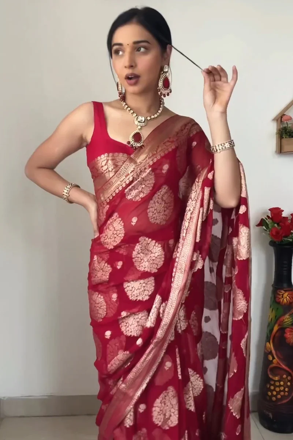 Alluring 1-Minute Ready To Wear Red Cotton Silk Saree