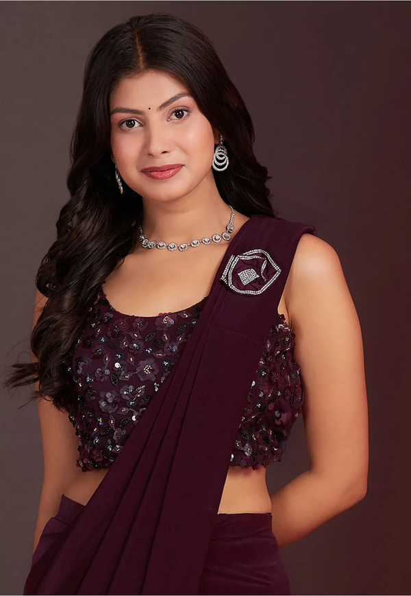 Pre Stitched Lycra (Elastane) Saree in Maroon