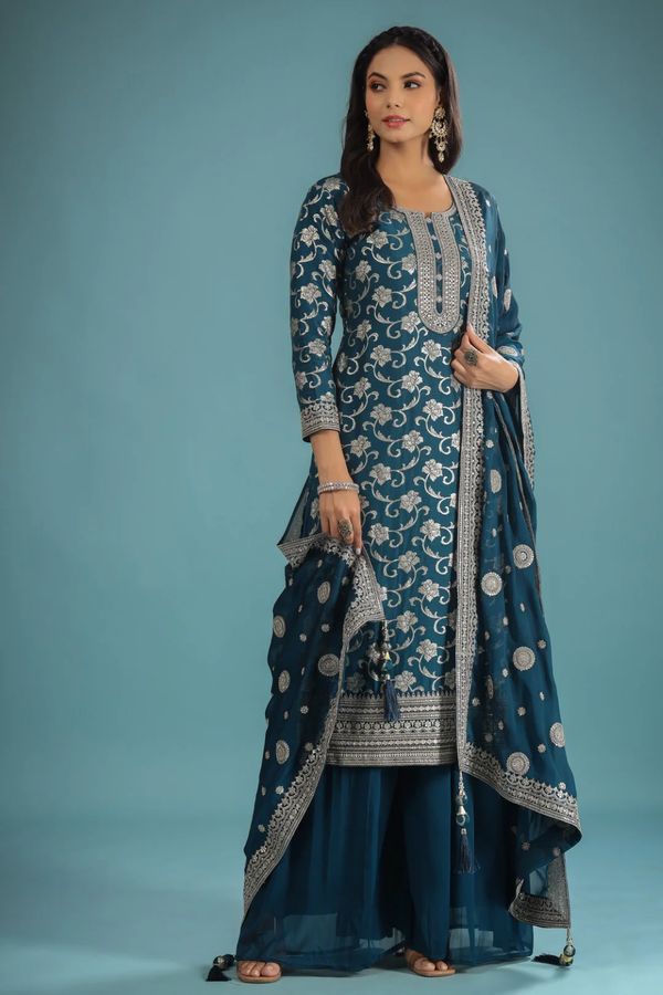 PETROL BLUE ZARI EMBROIDERED SILK KURTA GEORGETTE PALAZZO SET