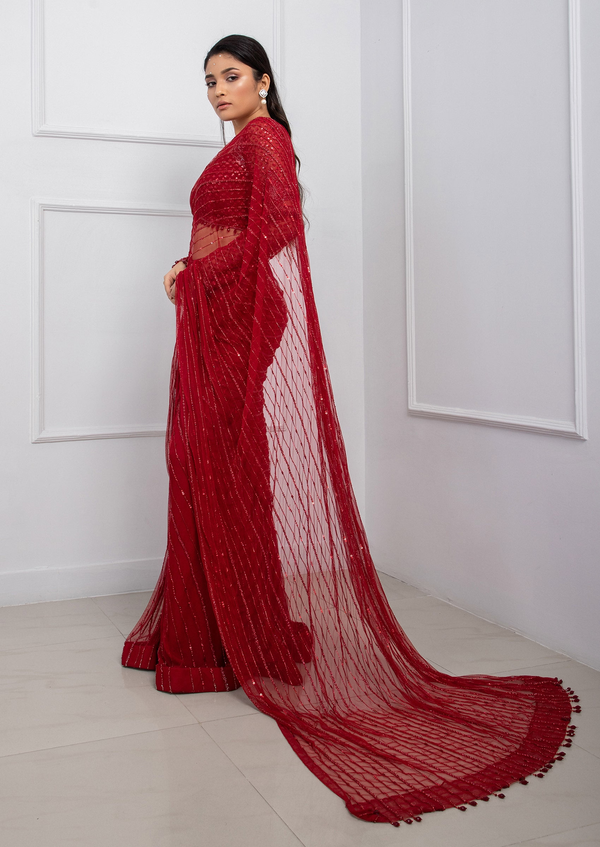 Red Hand Embroidered Pre-Draped Saree Set