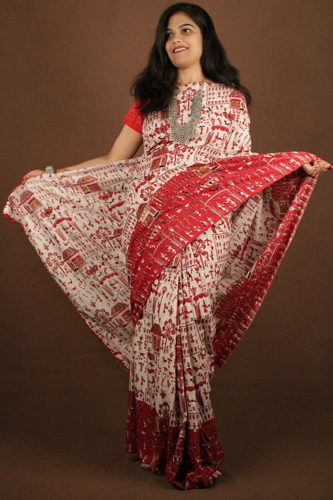 Red Traditional Bengal Soft Kalamkari Printed Handloom Cotton Wrap in 1 minute saree