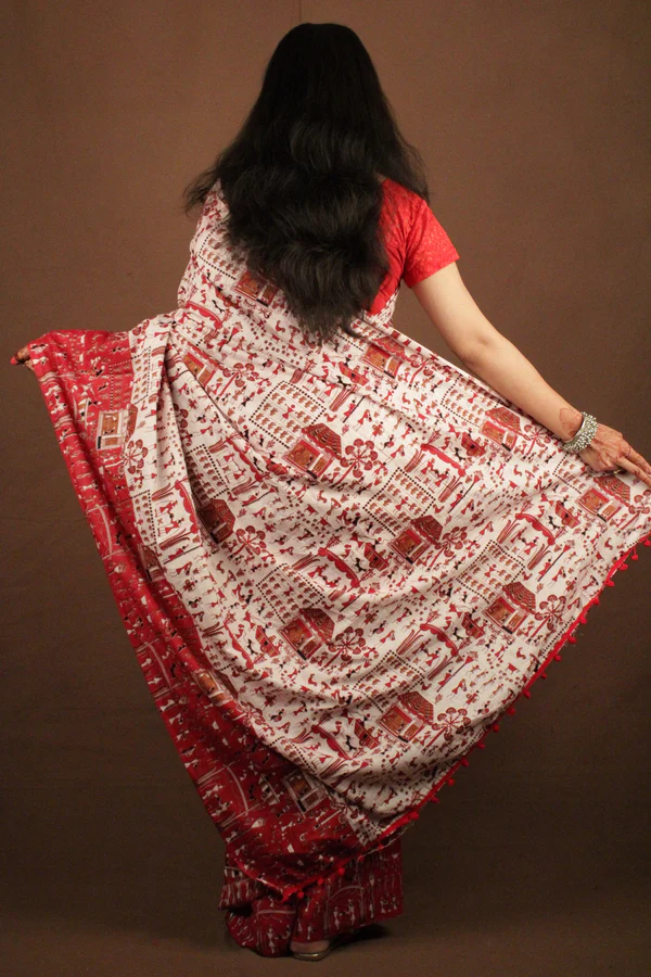 Red Traditional Bengal Soft Kalamkari Printed Handloom Cotton Wrap in 1 minute saree