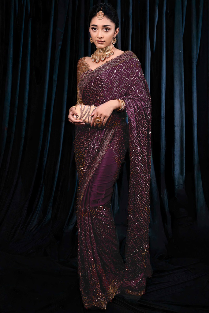 Sequins Embroidered Dark Maroon Heavy Organza Saree For Eid