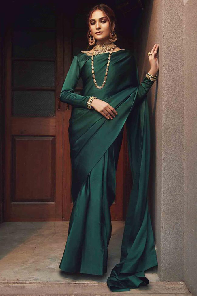 Plain Pakistani Silk Bottle Green Eid Saree