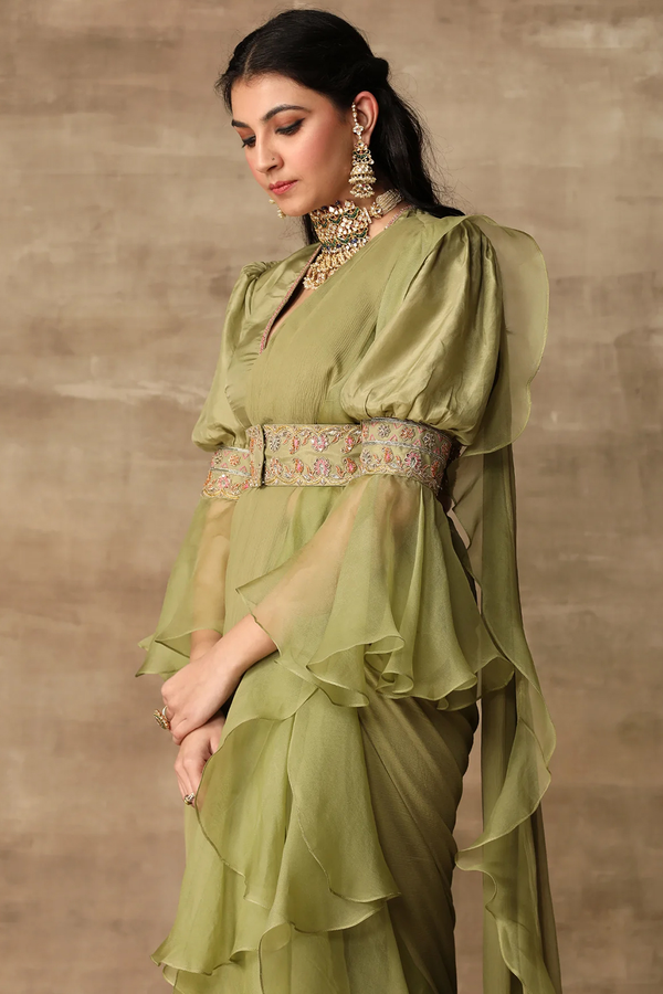 Olive Green Plain Organza Ruffle Eid Saree