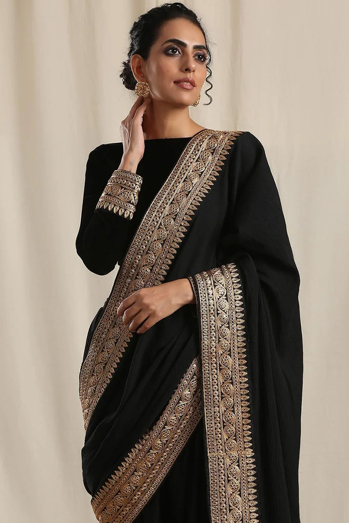 Black Velvet Zari Embroidered Dhoti Pant Style Saree for Eid