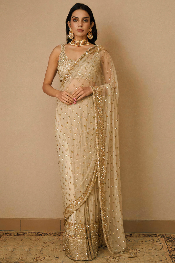 Light Beige Net Sequins Embroidered Cocktail And Eid Saree