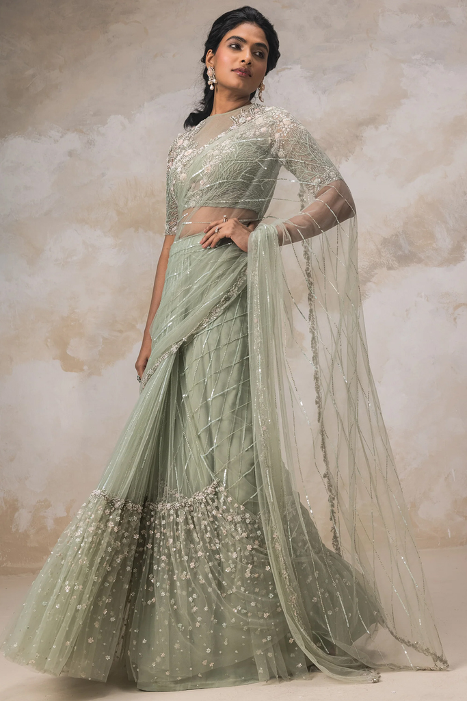 Sage Green Net Sequins Embroidered Fancy Eid Saree