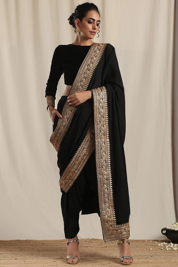 Black Velvet Zari Embroidered Dhoti Pant Style Saree for Eid