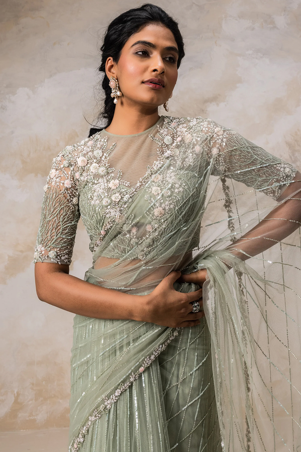 Sage Green Net Sequins Embroidered Fancy Eid Saree