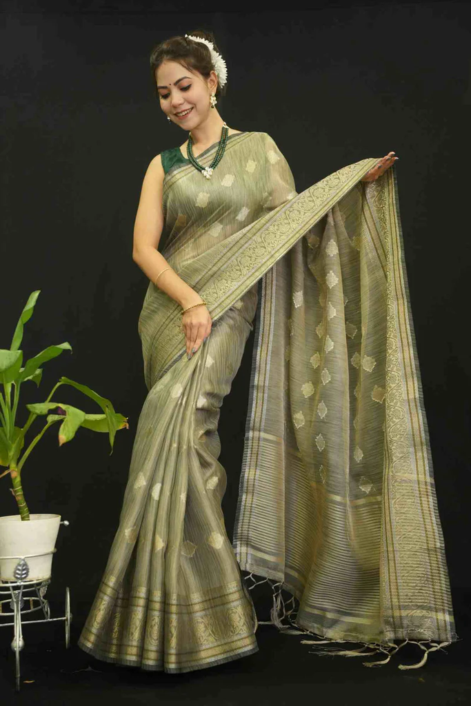 OLIVE GREEN COTTON SILK WITH BUTTA OVERALL TASSELS ON PALLA ZARI DETAILED BORDER WRAP IN ONE MINUTE SAREE