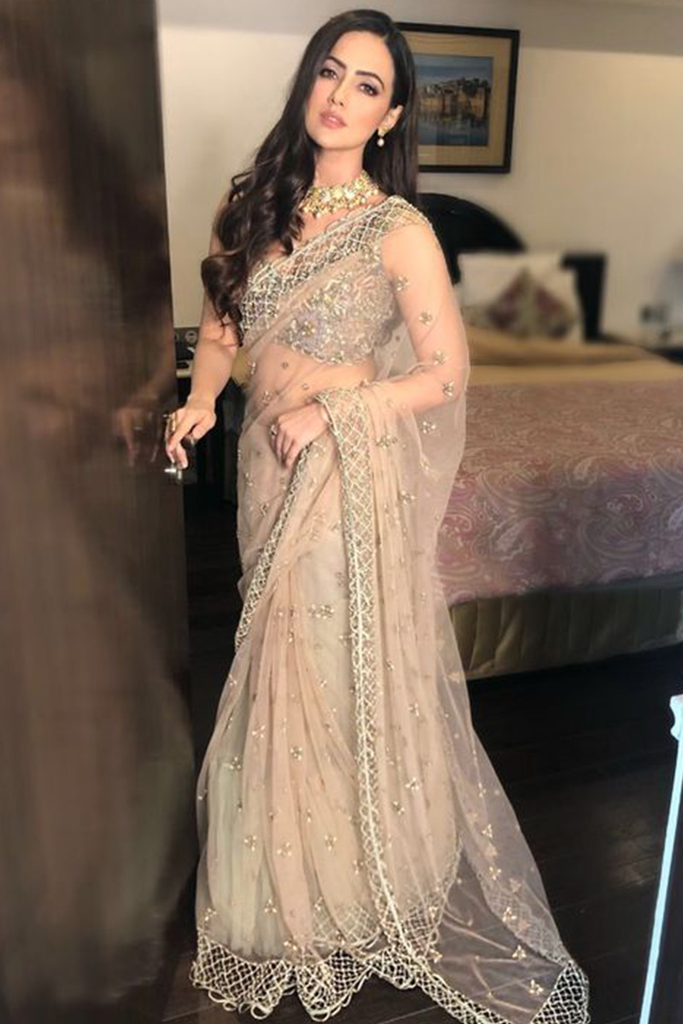 Cream Beige Net Embroidered Bridesmaid Wear Saree