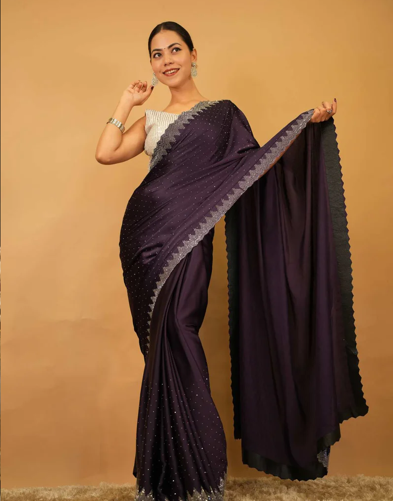 ALLURING PURPLE SOFT PREMIUM SATIN WITH STONE BEAD DETAILED WORK ALL OVER WRAP IN 1 MINUTE SAREE