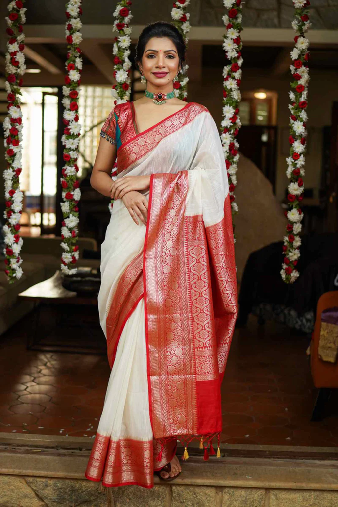 OFF WHITE MERCERIZED COTTON SAREE WITH ZARI WORK AND RED CONTRASTING BORDERS WRAP IN 1 MINUTE SAREE