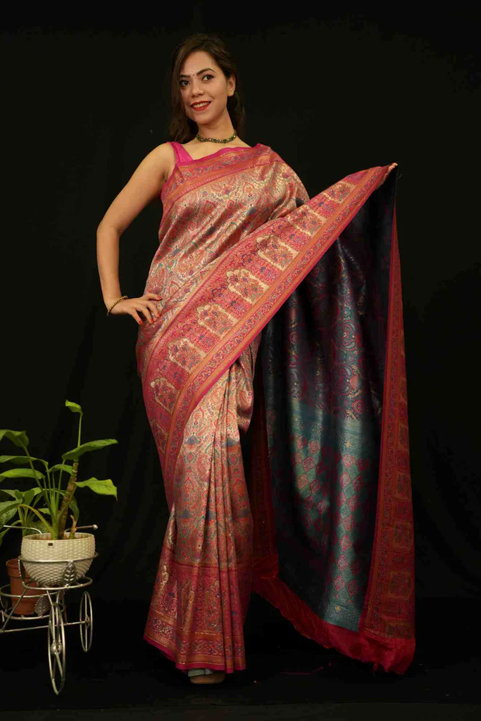 RICH SEQUINS KANJEEVARAM GOLD AND SILVER ZARI WORK WITH PINK HEAVY BORDER WRAP IN 1 MINUTE SAREE