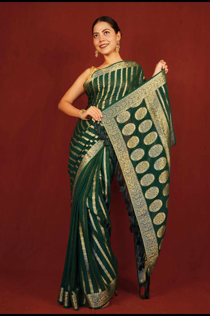 PREDRAPED DESIGNER SAREE GREEN LEHERIYA & ZARI BORDER WITH TASSELS ON PALLU READY TO WEAR SAREE