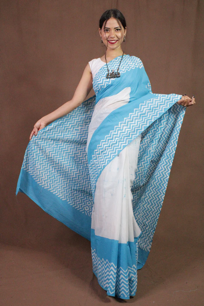 Sky Blue Cotton Handloom Mul mul Wrap in 1 minute saree