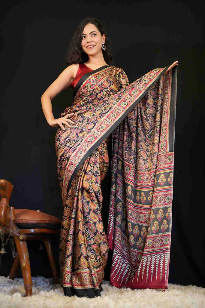 BEAUTIFUL SOFT CREPE RED & BLACK OVERALL ETHNIC MOTIF PRINTED PRE DRAPE SAREE